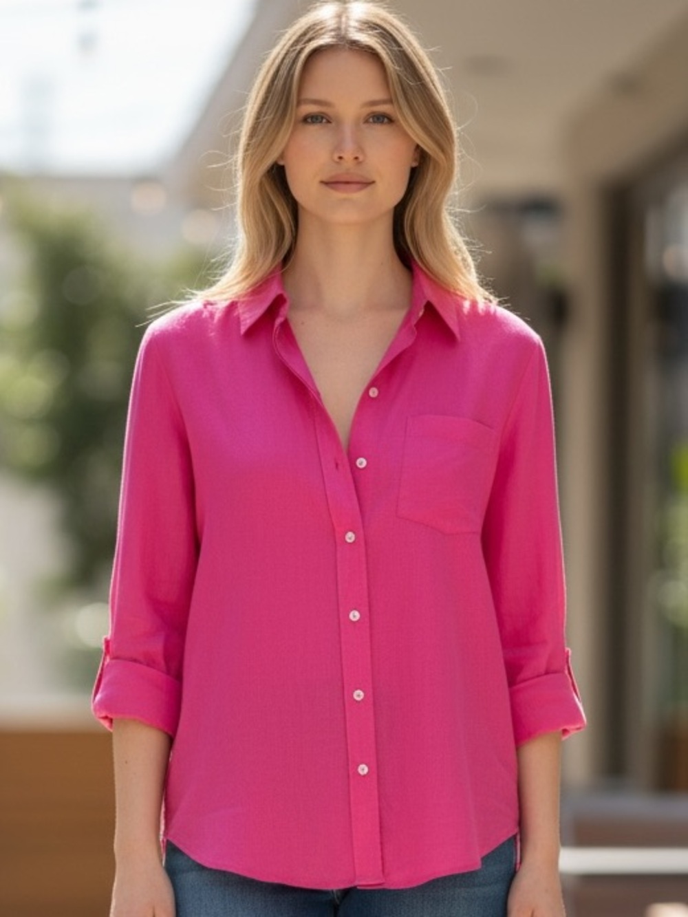 Gap Women's M Linen‎ Blend Button Up Shirt Pink NWT
